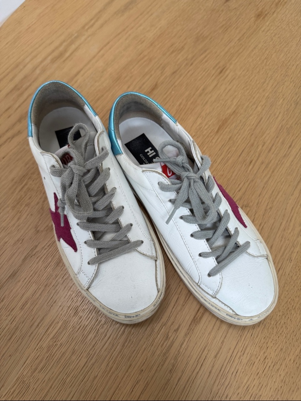 Golden Goose White Leather Sneakers with Pink Star and Teal Heel - Size 37
